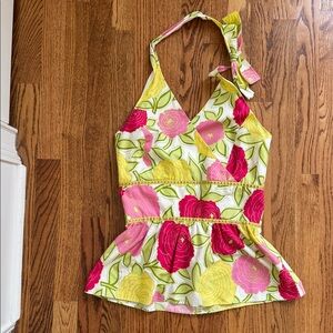 Jennifer Reale Design | Palm Beach Floral Halter Peplum Top | Pink Lime | 6